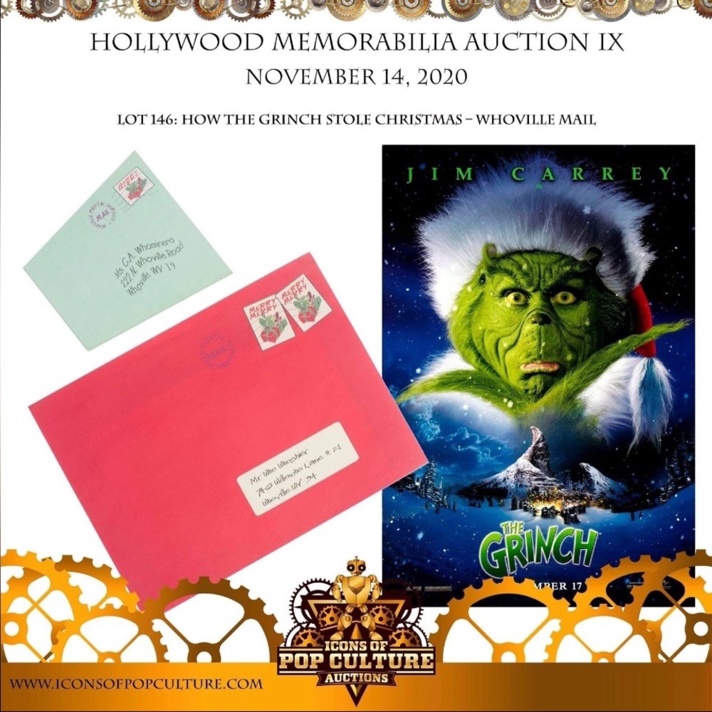 How the Grinch stole Christmas screen Whoville mail Movie Set Prop Red Envelope